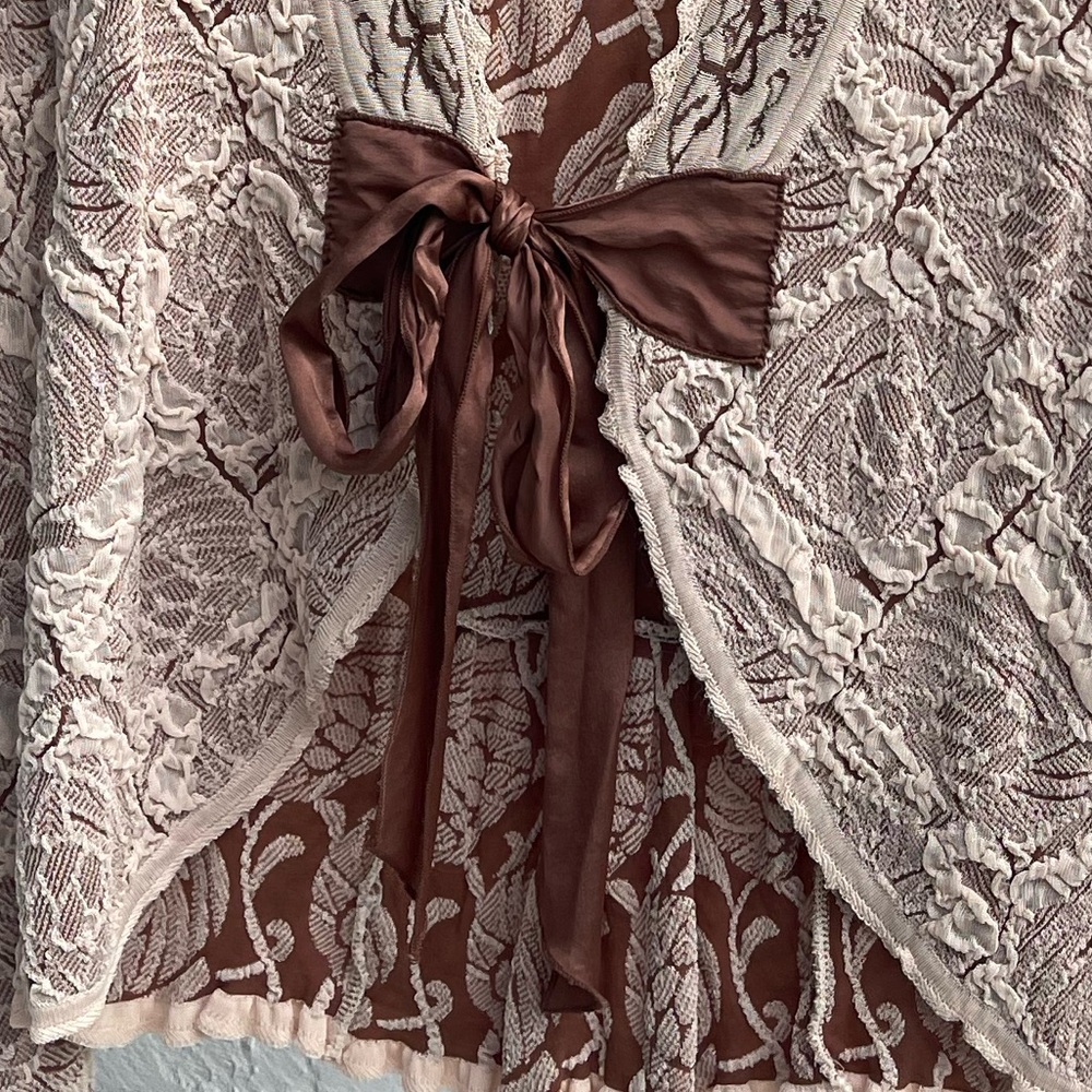 Nic + Zoe Vintage Cardigan Tie Front Small Brown Cream Bow Tie - Picture 5 of 5